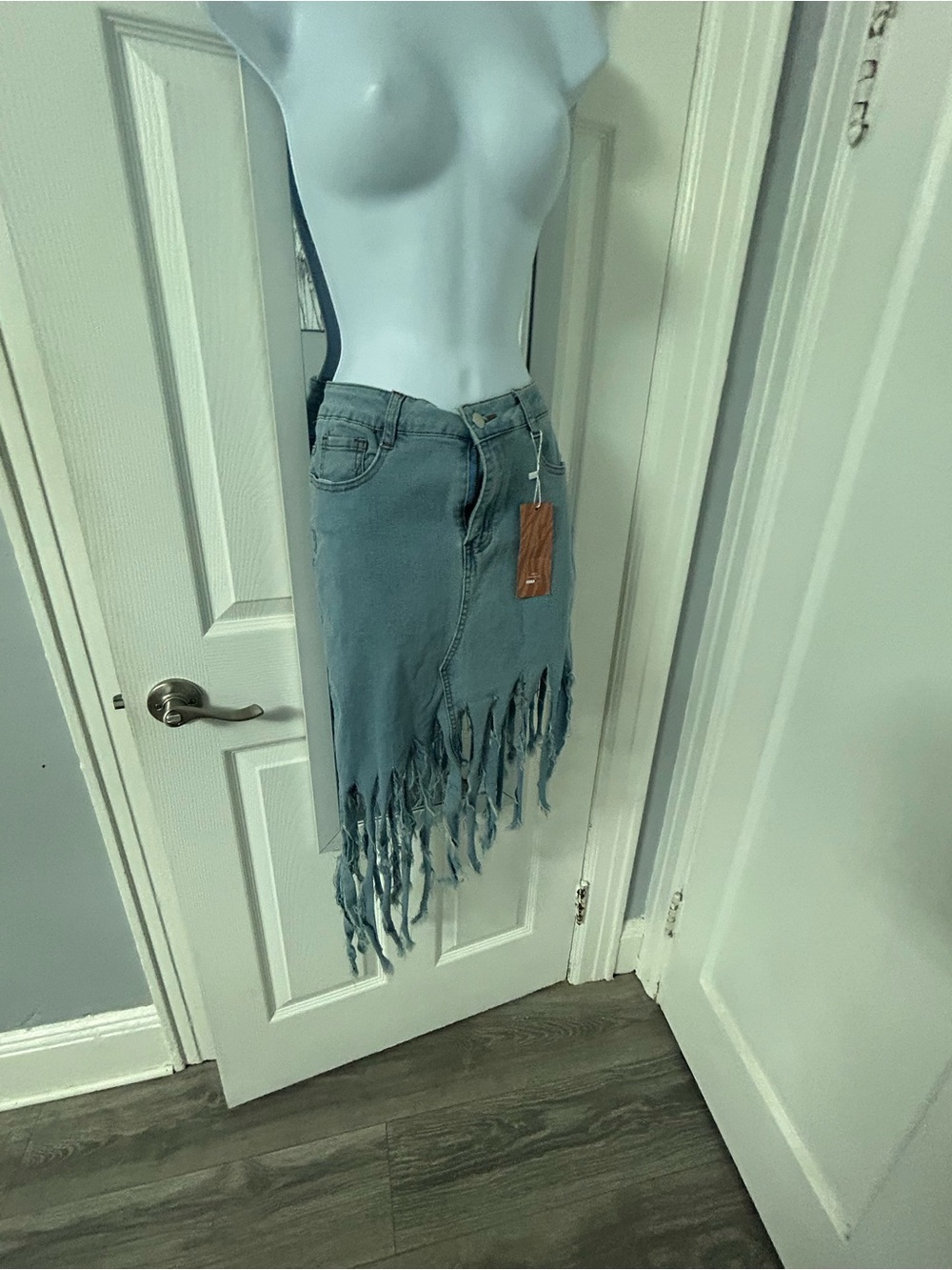 SHEIN Washed Blue Denim Fringe Skirt